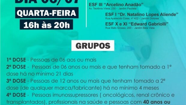 DEPARTAMENTO DE SAÚDE IRÁ REALIZAR VACINAÇÃO CONTRA A COVID-19 NESSA QUARTA-FEIRA