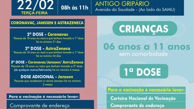VACINAÇÃO INFANTIL DE 06 A 11 ANOS SEM COMORBIDADE E VACINAÇÃO 2ª, 3ª E DOSE ADICIONAL.CORONAVAC, ASTRAZENECA E JANSSEN