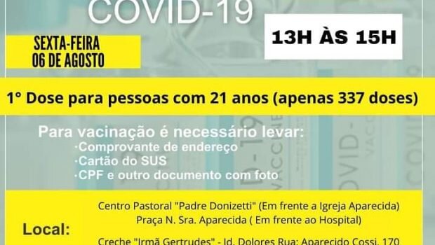 AMANHÃ TEM VACINAÇÃO PARA PESSOAS COM 21 ANOS ( APENAS 337 DOSES)