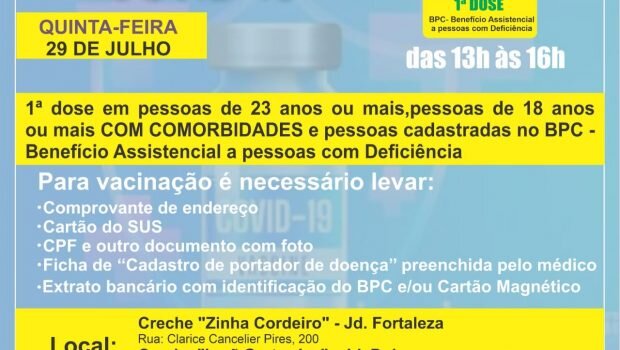 AMANHÃ VAI TER VACINAÇÃO PARA 23 ANOS OU MAIS, 18 ANOS OU MAIS COM COMORBIDADES E CADASTRADOS NO BPC