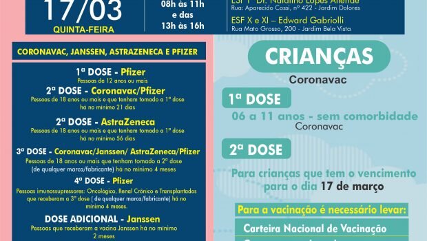 VACINAÇÃO INFANTIL DE 06 A 11 ANOS SEM COMORBIDADE E VACINAÇÃO 1ª, 2ª, 3ª, 4ª E DOSE ADICIONAL DE CORONAVAC, ASTRAZENECA E JANSSEN
