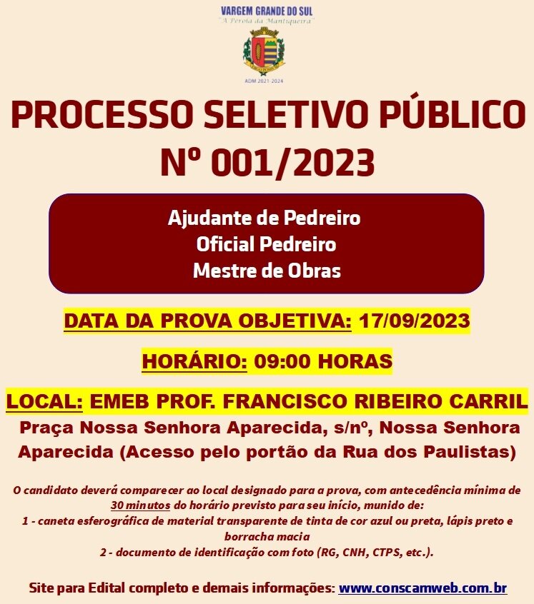 A PROVA OBJETIVA DO PROCESSO SELETIVO PARA PEDREIROS SERÁ NO PRÓXIMO DOMINGO