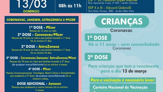 VACINAÇÃO INFANTIL DE 06 A 11 ANOS SEM COMORBIDADE E VACINAÇÃO 1ª, 2ª, 3ª, 4ª E DOSE ADICIONAL DE CORONAVAC, ASTRAZENECA E JANSSEN