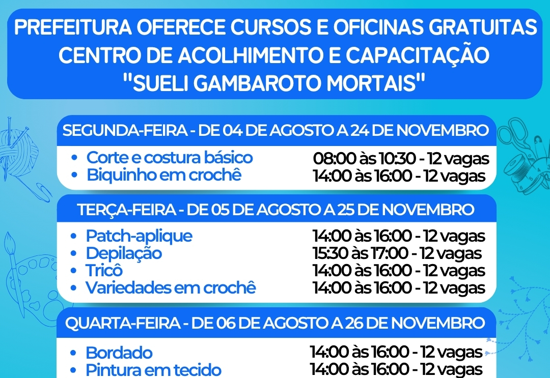 CURSOS GRATUITOS – CENTRO DE CAPACITAÇÃO “SUELI GAMBAROTO MORTAIS”