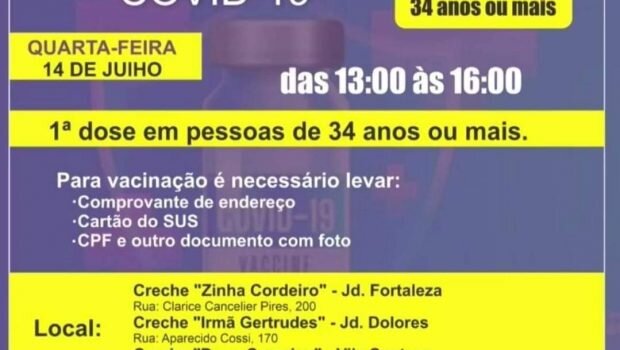 VACINAÇÃO AMANHA 1º DOSE 34 ANOS OU MAIS