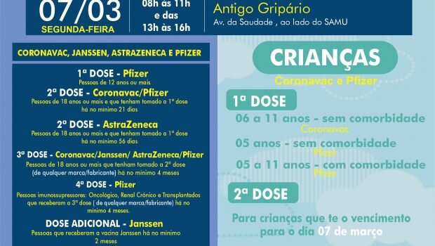 VACINAÇÃO INFANTIL DE 05 A 11 ANOS COM E SEM COMORBIDADE E VACINAÇÃO 1ª, 2ª, 3ª, 4ª E DOSE ADICIONAL DE CORONAVAC, ASTRAZENECA E JANSSEN