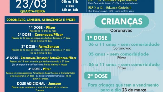 VACINAÇÃO INFANTIL DE 06 A 11 ANOS SEM COMORBIDADE E VACINAÇÃO 1ª, 2ª, 3ª, 4ª E DOSE ADICIONAL DE CORONAVAC, ASTRAZENECA, JANSSEN E PFIZER
