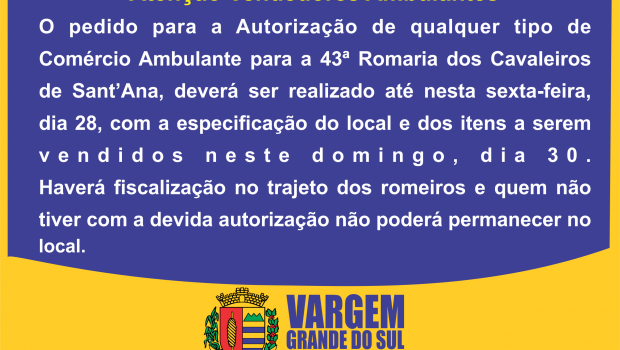 Autorização para Comércio de Ambulante deverá ser feita até hoje