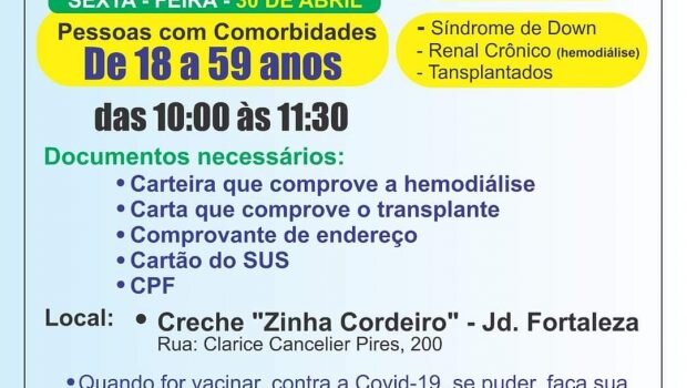 VACINAÇÃO CONTRA COVID-19 EM PESSOAS COM COMORBIDADE COMEÇA AMANHÃ