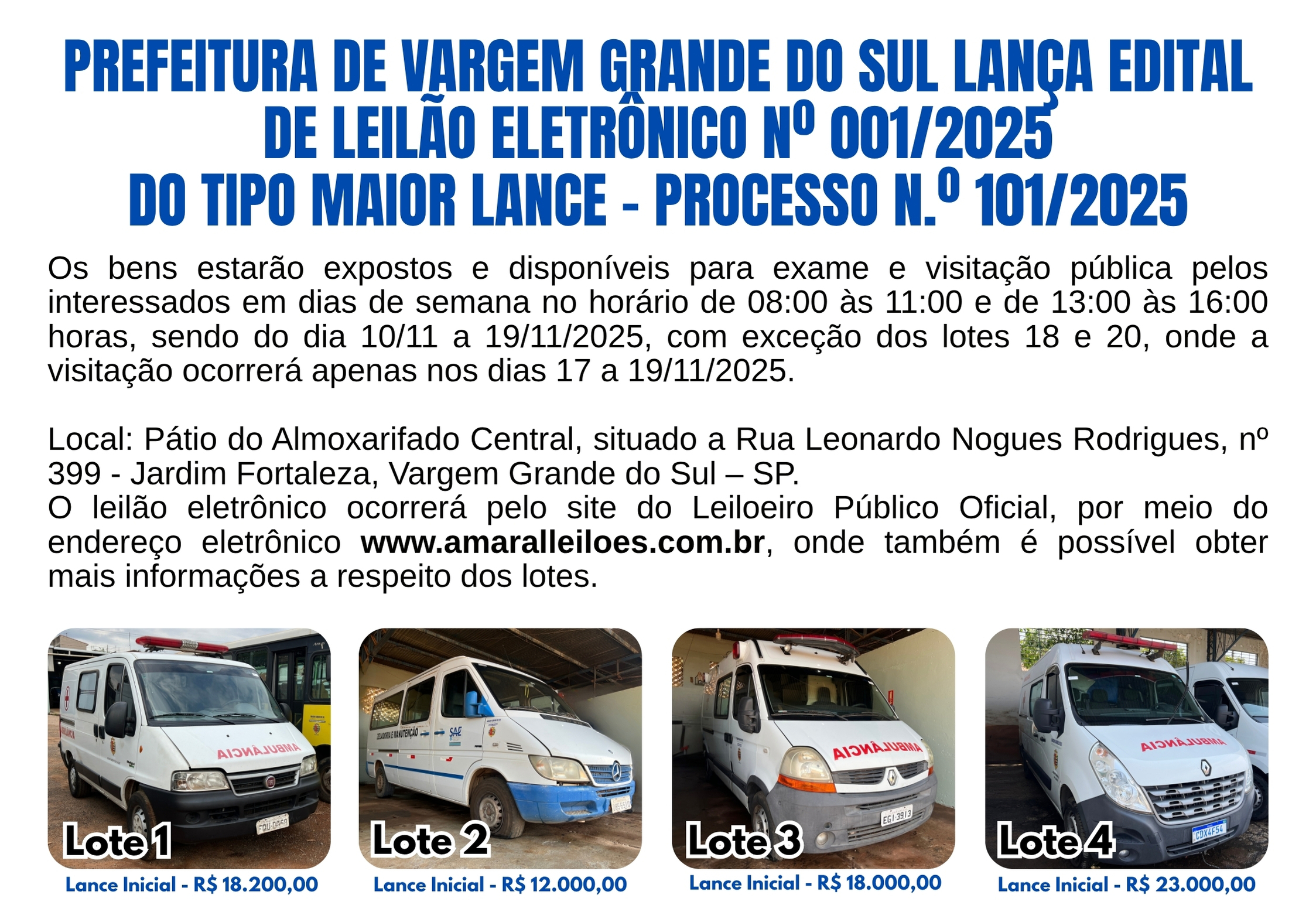 PREFEITURA DE VARGEM GRANDE DO SUL LANÇA EDITAL DE LEILÃO ELETRÔNICO Nº 001/2025 